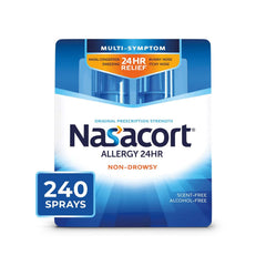 Nasacort nasal spray bottle front view for daily relief