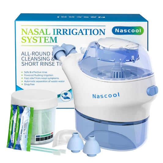 Nascool nasal irrigation system packaging showing contents for enhanced nasal care.
