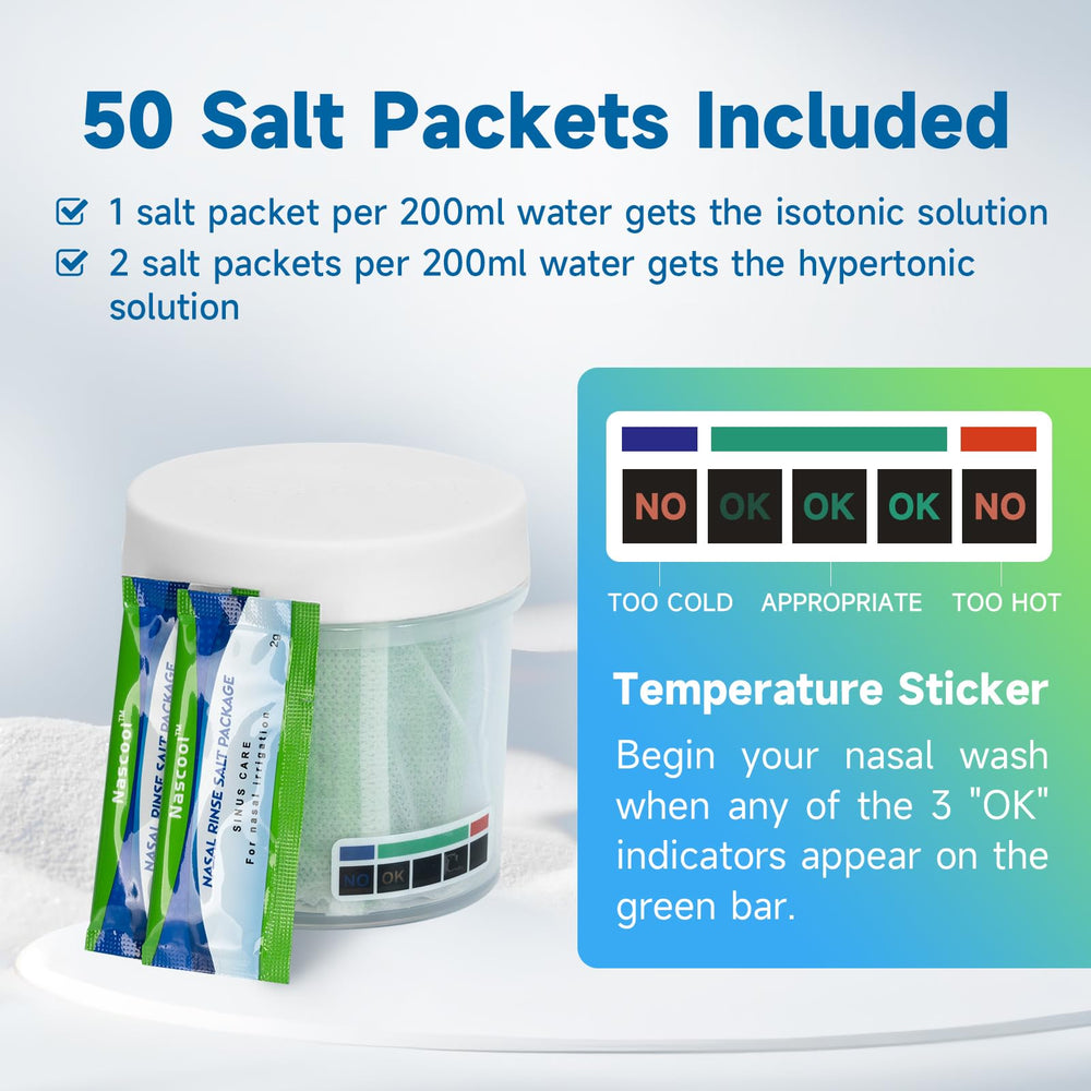 Nascool salt packets included for affordable, ready-to-use saline rinses.