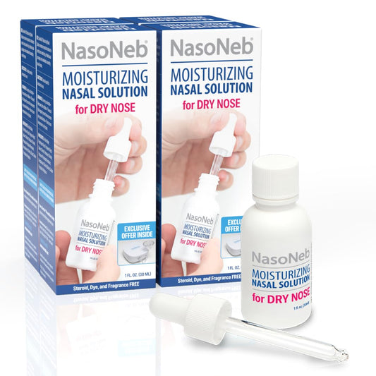 NASONEB saline nasal spray bottle front view for dry nose relief.