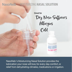 NASONEB packaging box highlights saline formula for dry nose relief.