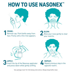 Nasonex 120 sprays pack shown for extended allergy coverage.