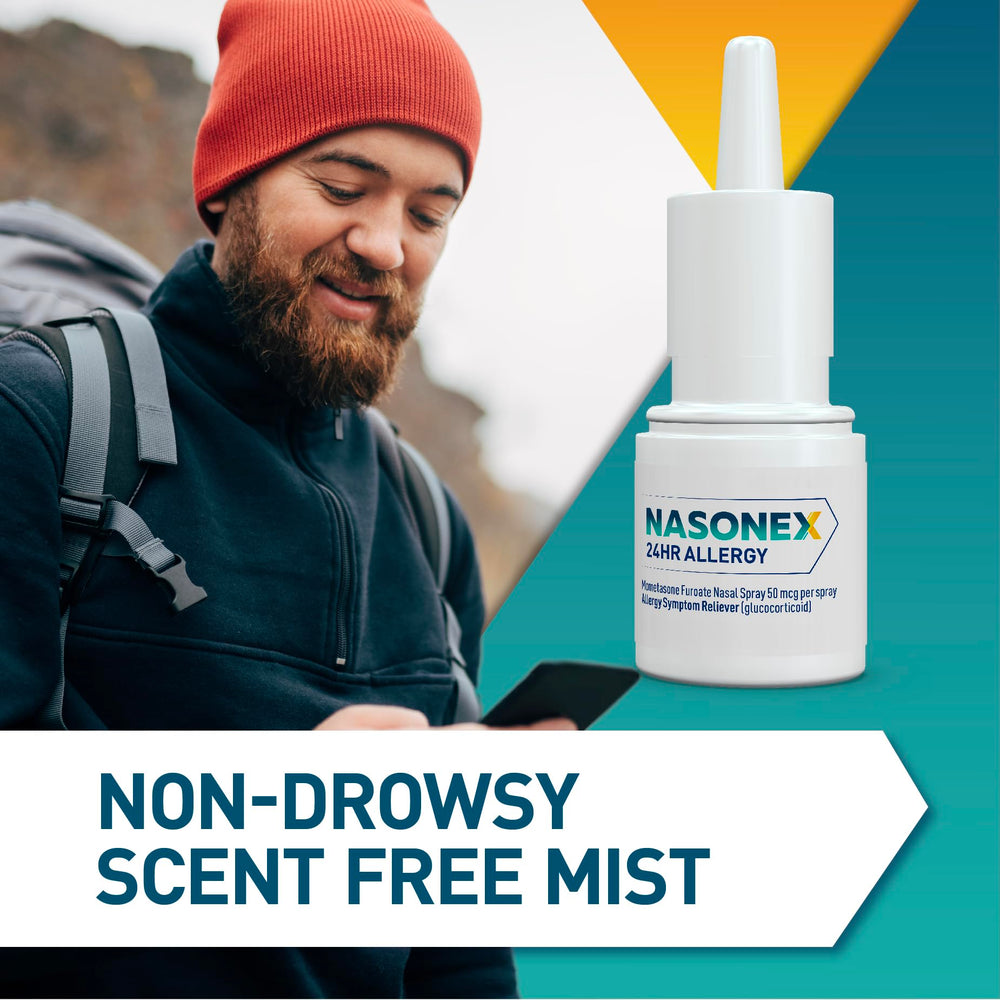 Nasonex bottle label communicates full prescription strength relief potential.