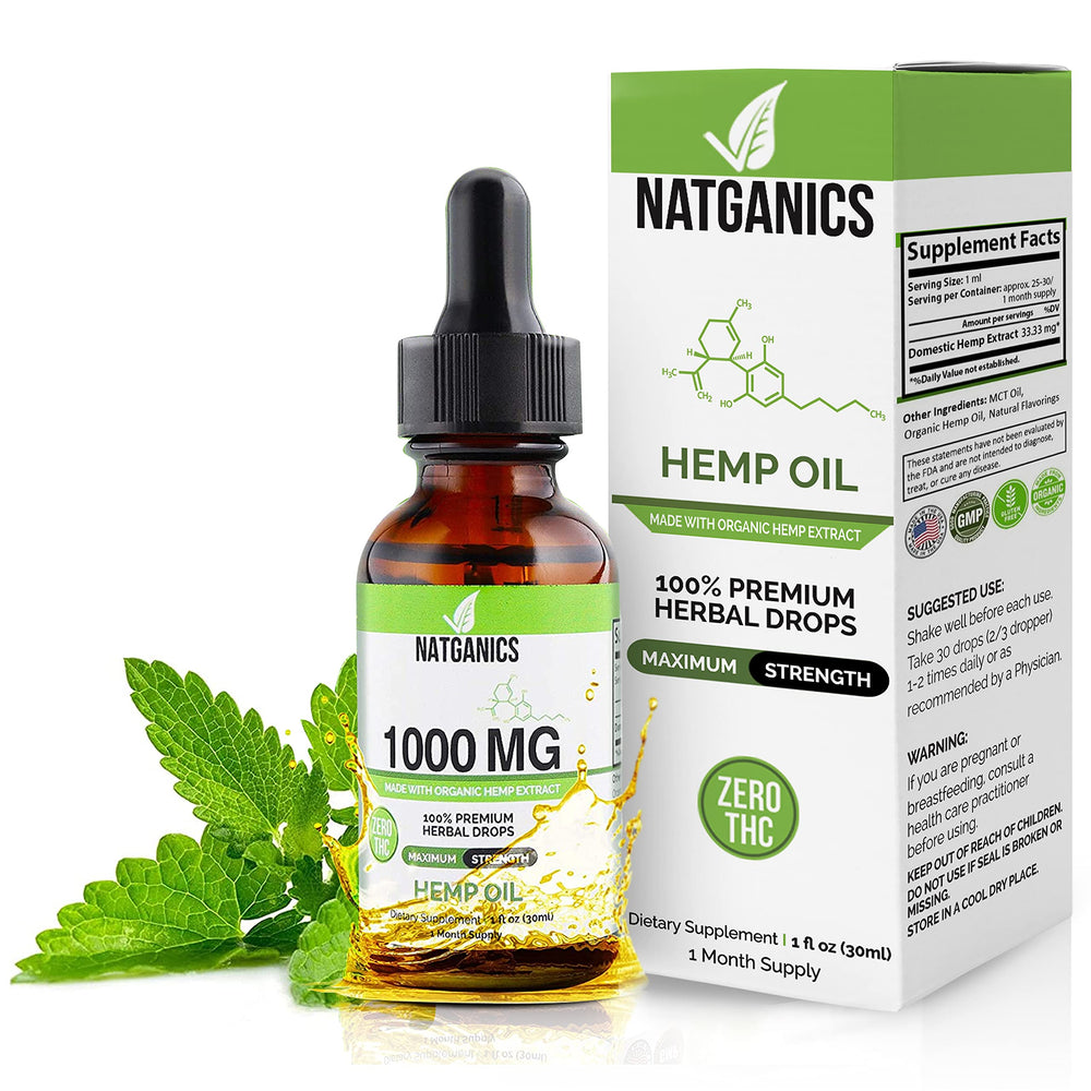 Natganics hemp oil 1000mg bottle supports daily wellness with potent formula.
