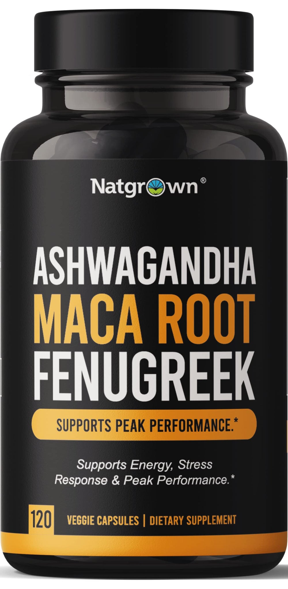 Natgrown bottle with Ashwagandha Maca Fenugreek capsules for daily adaptogenic support
