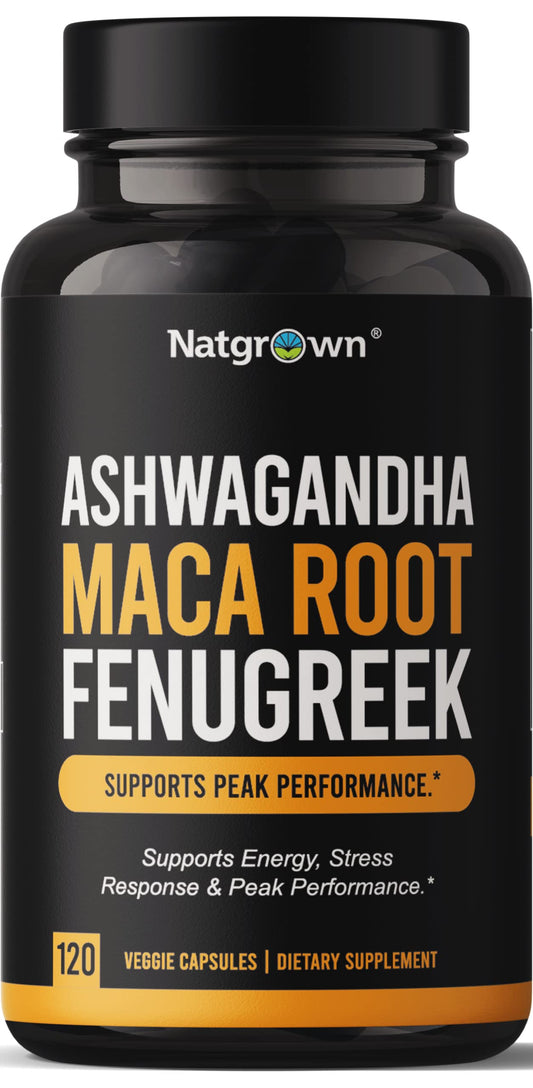 Natgrown bottle with Ashwagandha Maca Fenugreek capsules for daily adaptogenic support