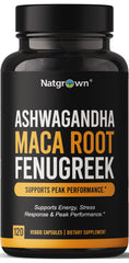 Natgrown bottle with Ashwagandha Maca Fenugreek capsules for daily adaptogenic support