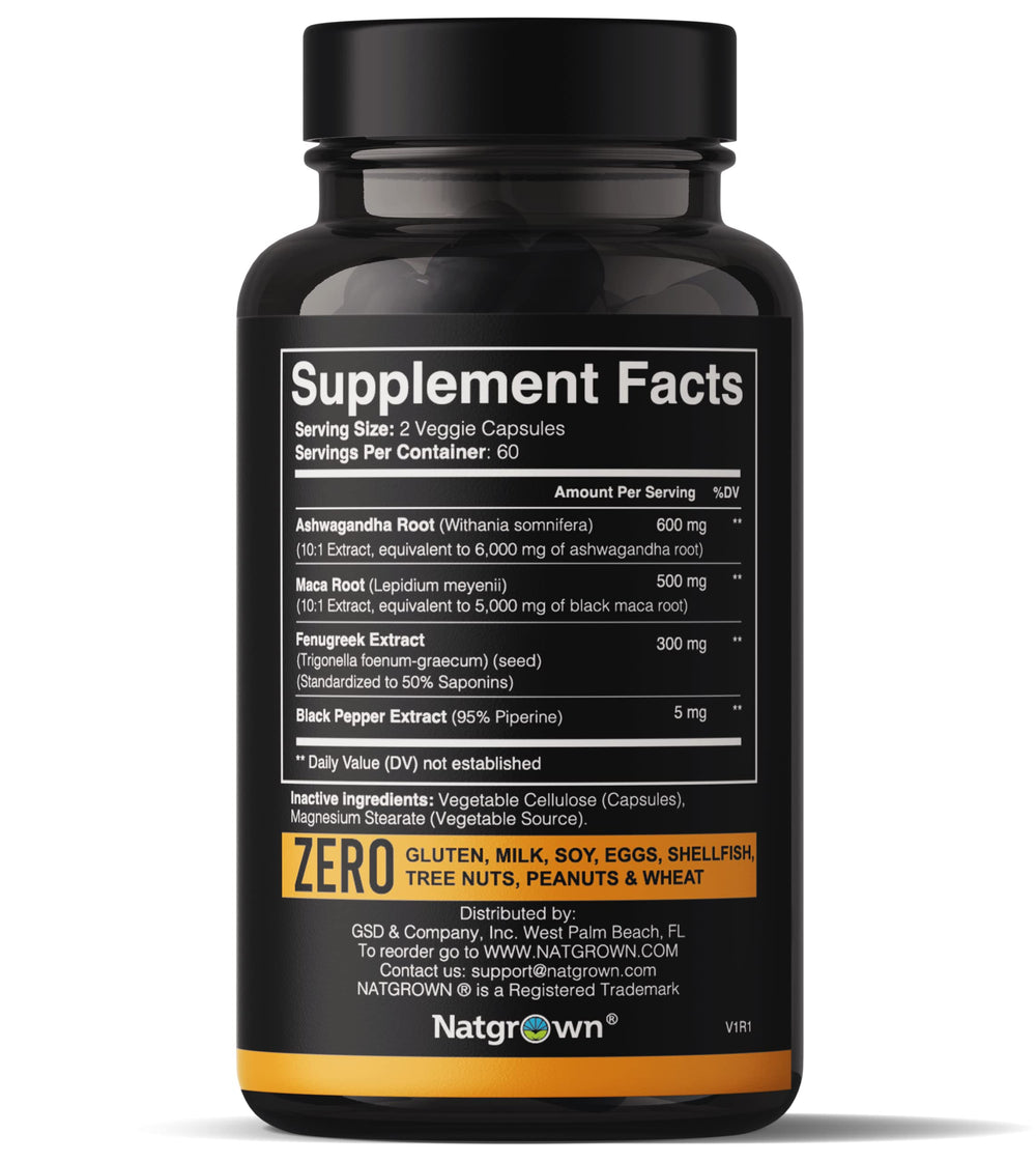 Natgrown capsules close-up showing Ashwagandha Maca Fenugreek blend