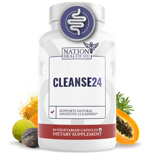 Nation Health MD Cleanse24 bottle cap for daily gut care.