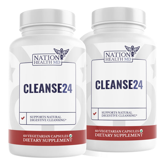 Nation Health MD Cleanse24 bottle-front signals gut clarity and daily energy.