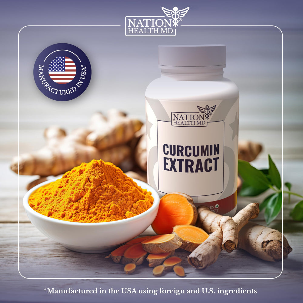 Nation Health MD Curcumin Extract capsules closeup emphasizes high absorption formula.