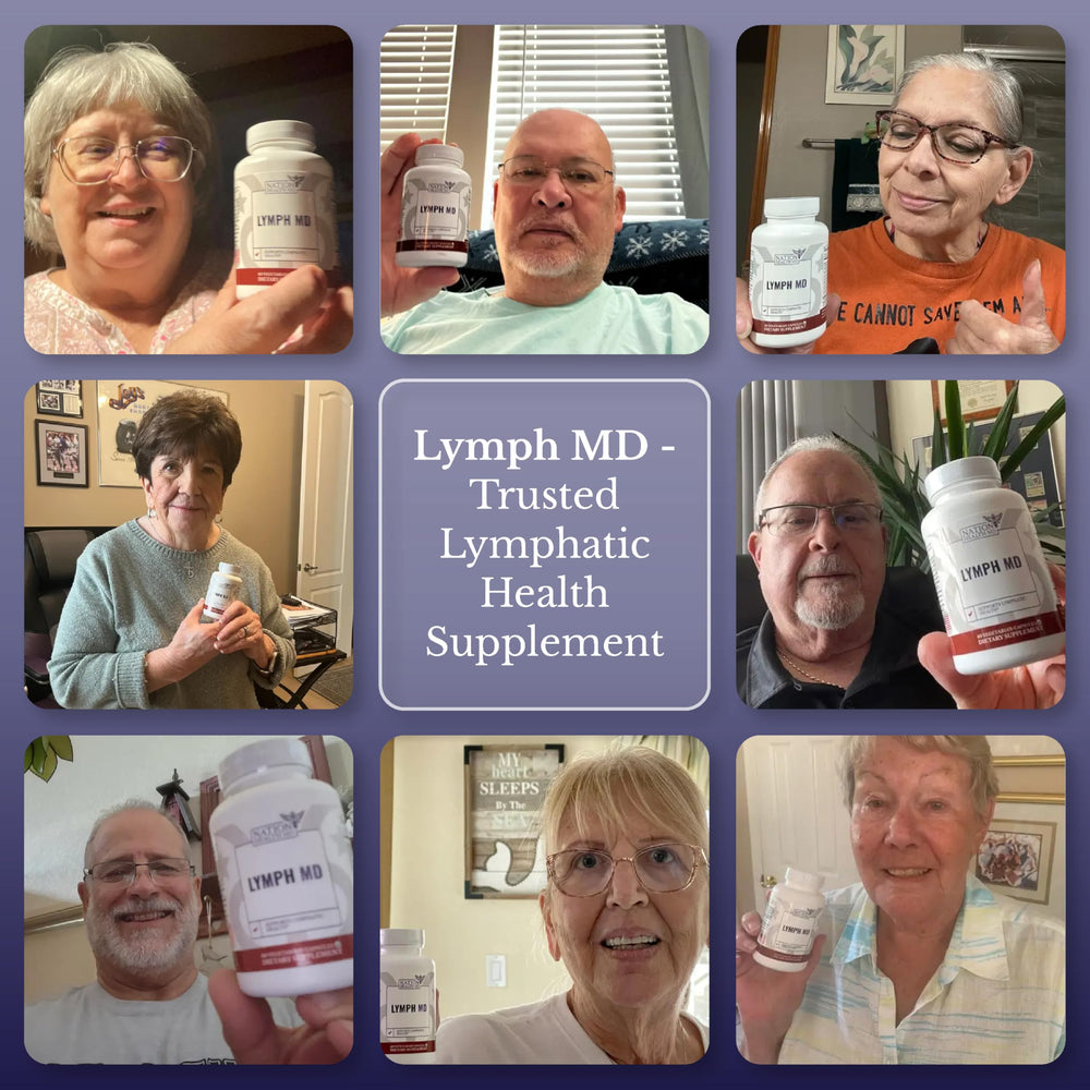 Nation Health MD Lymph MD products on counter suggest daily wellness routine.
