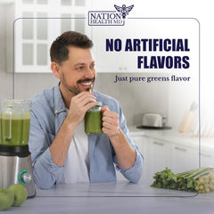 Nation Health MD Greens glass with dissolved powder—vibrant green beverage ready in seconds.
