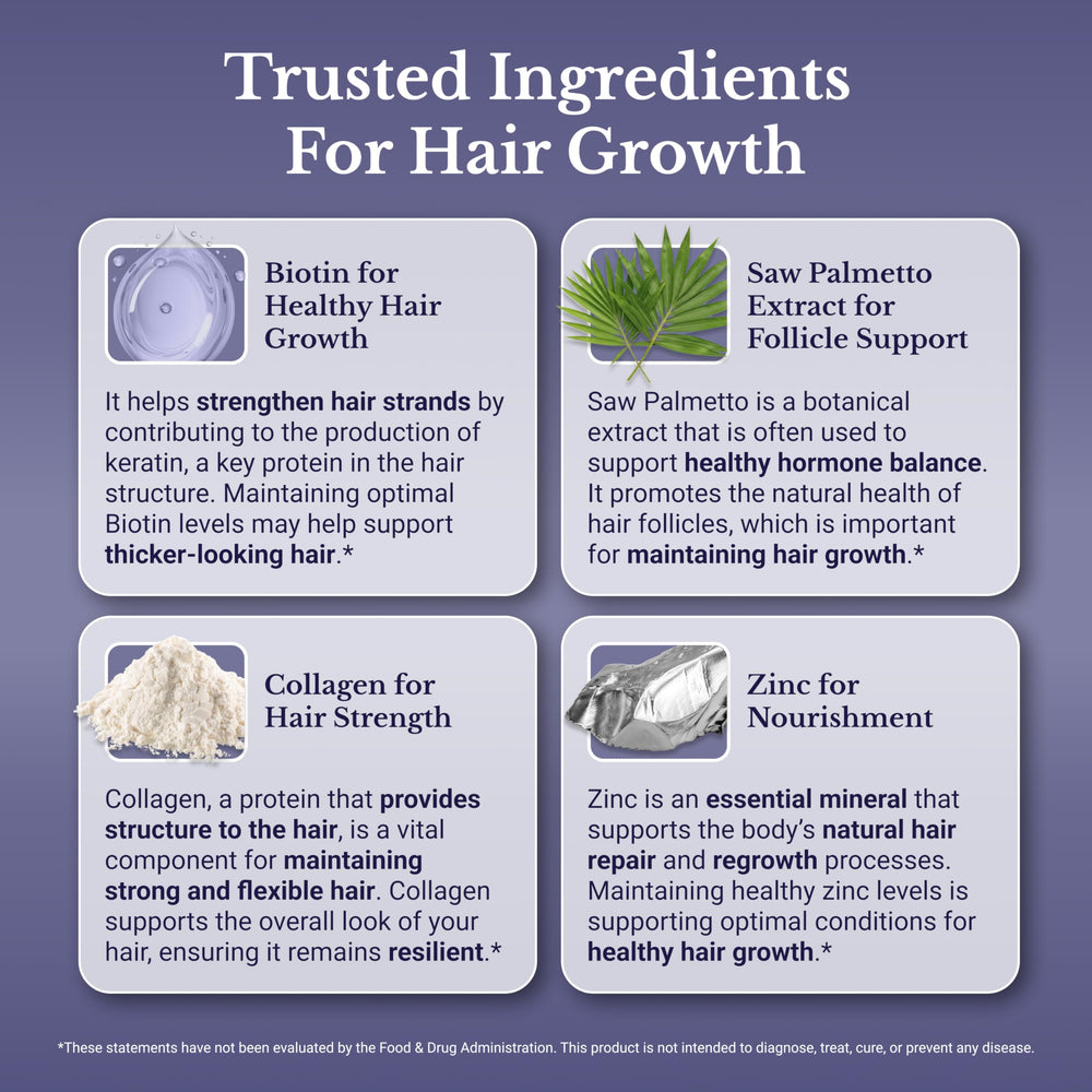Nation Health MD Hair Switch ingredients table emphasizes zinc, selenium, and vitamin D3.