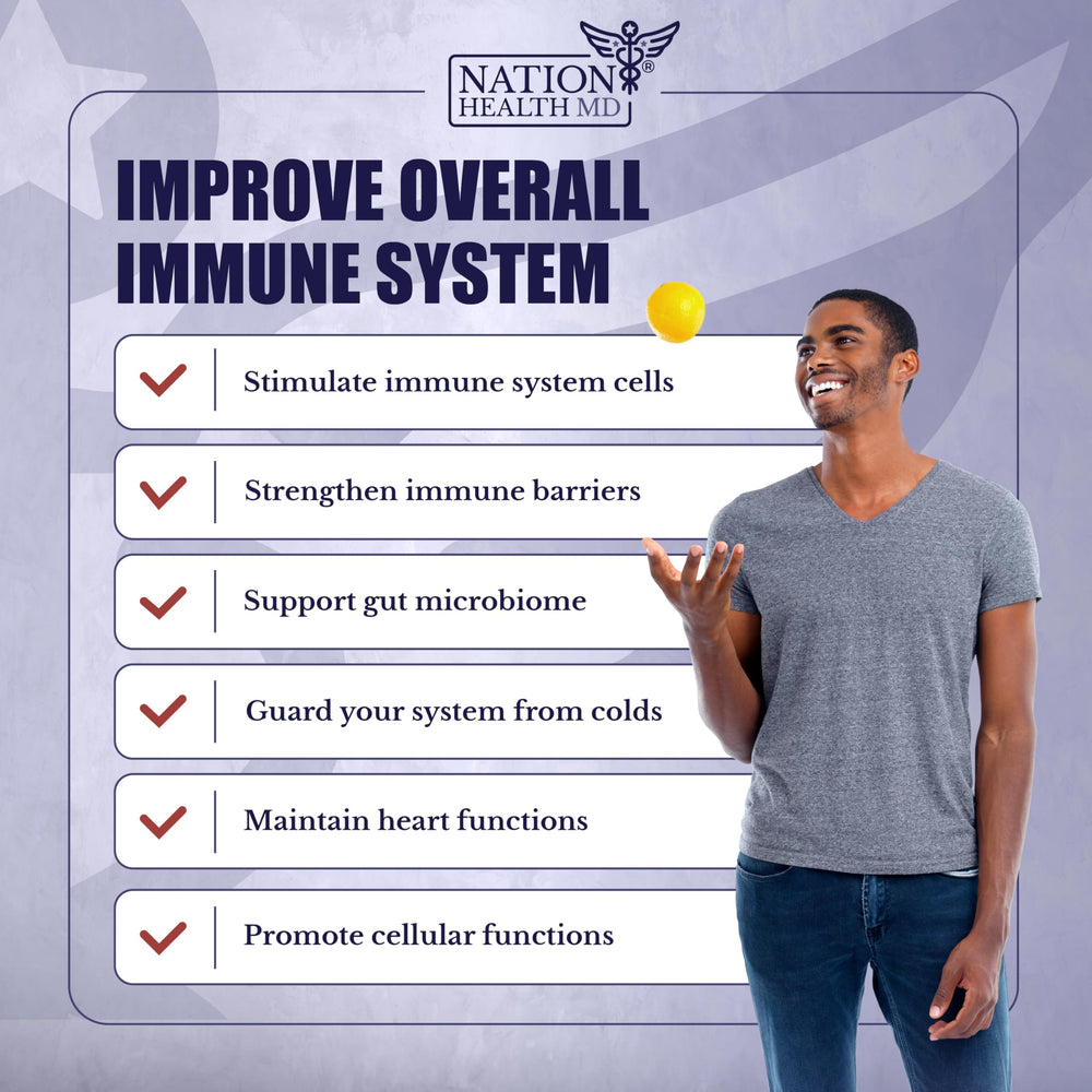 Nation Health MD Immuno MD label and packaging signaling quality immune support.