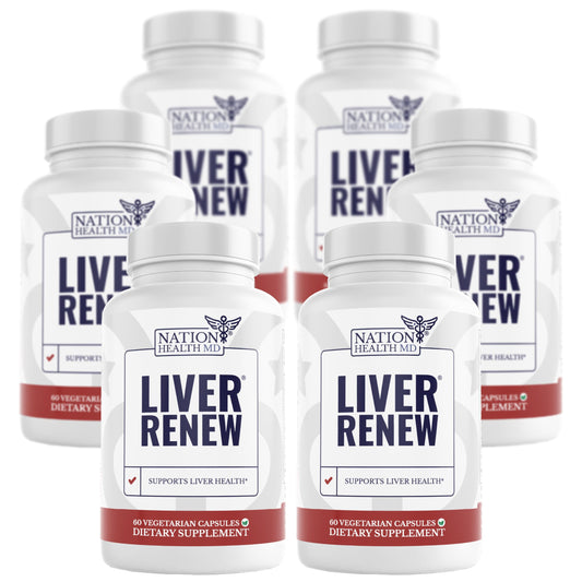 Nation Health MD Liver Renew bottle on kitchen counter, supporting daily detox and wellness.