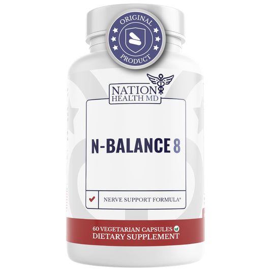 Nation Health MD N-Balance8 bottle front promotes nerve support for daily comfort.