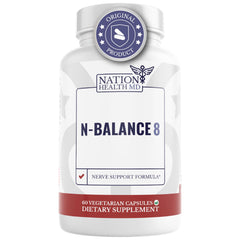 Nation Health MD N-Balance8 bottle front promotes nerve support for daily comfort.