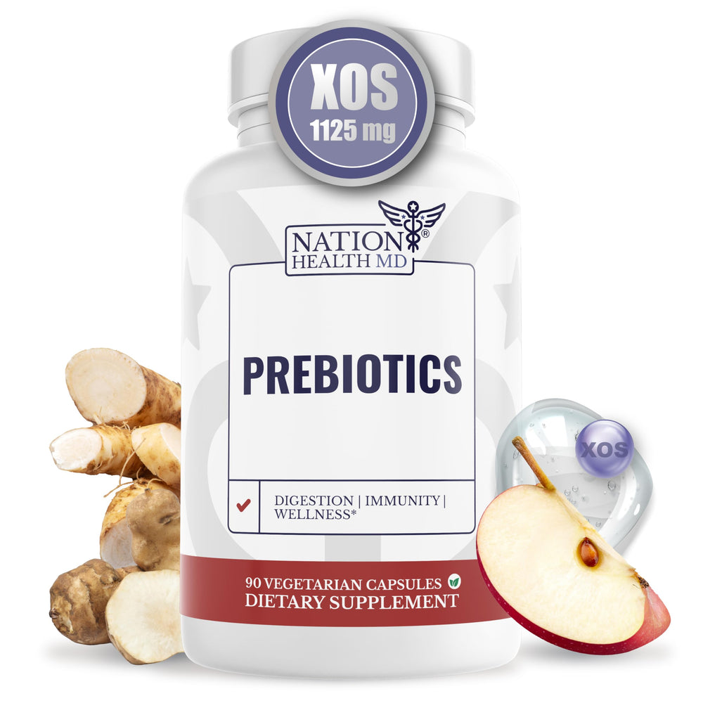 Nation Health MD Prebiotics bottle on a table for daily digestive comfort.