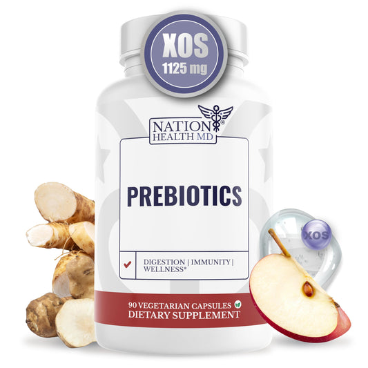 Nation Health MD Prebiotics bottle on a table for daily digestive comfort.