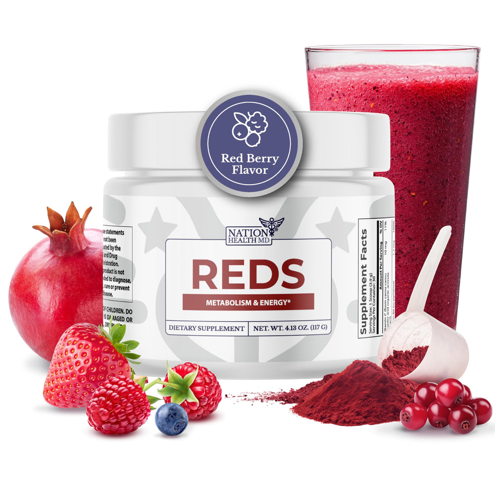 Nation Health MD Reds Powder bottle close-up highlighting berry rich formula
