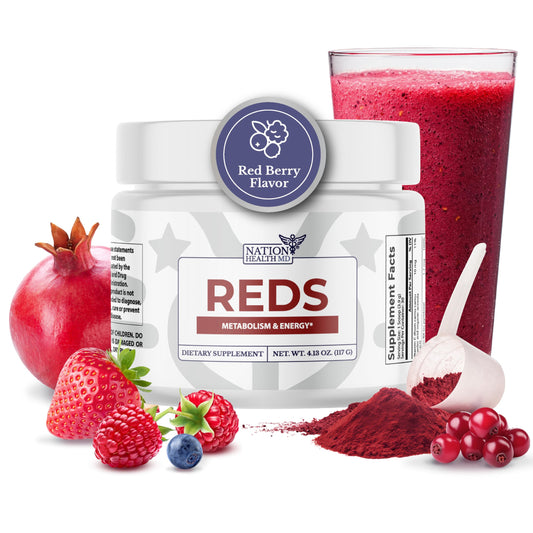 Nation Health MD Reds Powder bottle close-up highlighting berry rich formula
