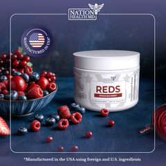 Nation Health MD Reds Powder ingredients spread showing 23 red fruits