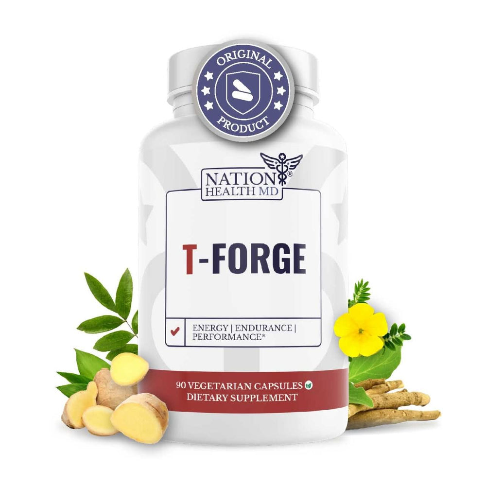 Nation Health MD T-Forge bottle with label close-up highlights premium male vitality support.