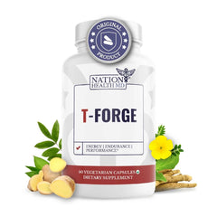 Nation Health MD T-Forge bottle with label close-up highlights premium male vitality support.
