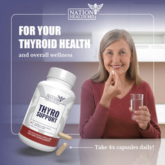 Nation Health MD Thyro Support Selenium Zinc panel highlighting nutrients.