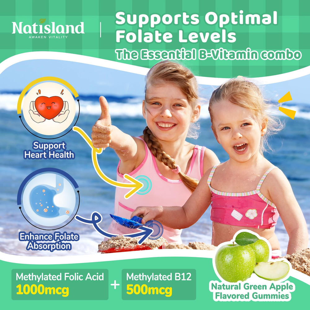 NATISLAND L-Methylfolate Gummies packaging shows xylitol for tooth-friendly enjoyment.