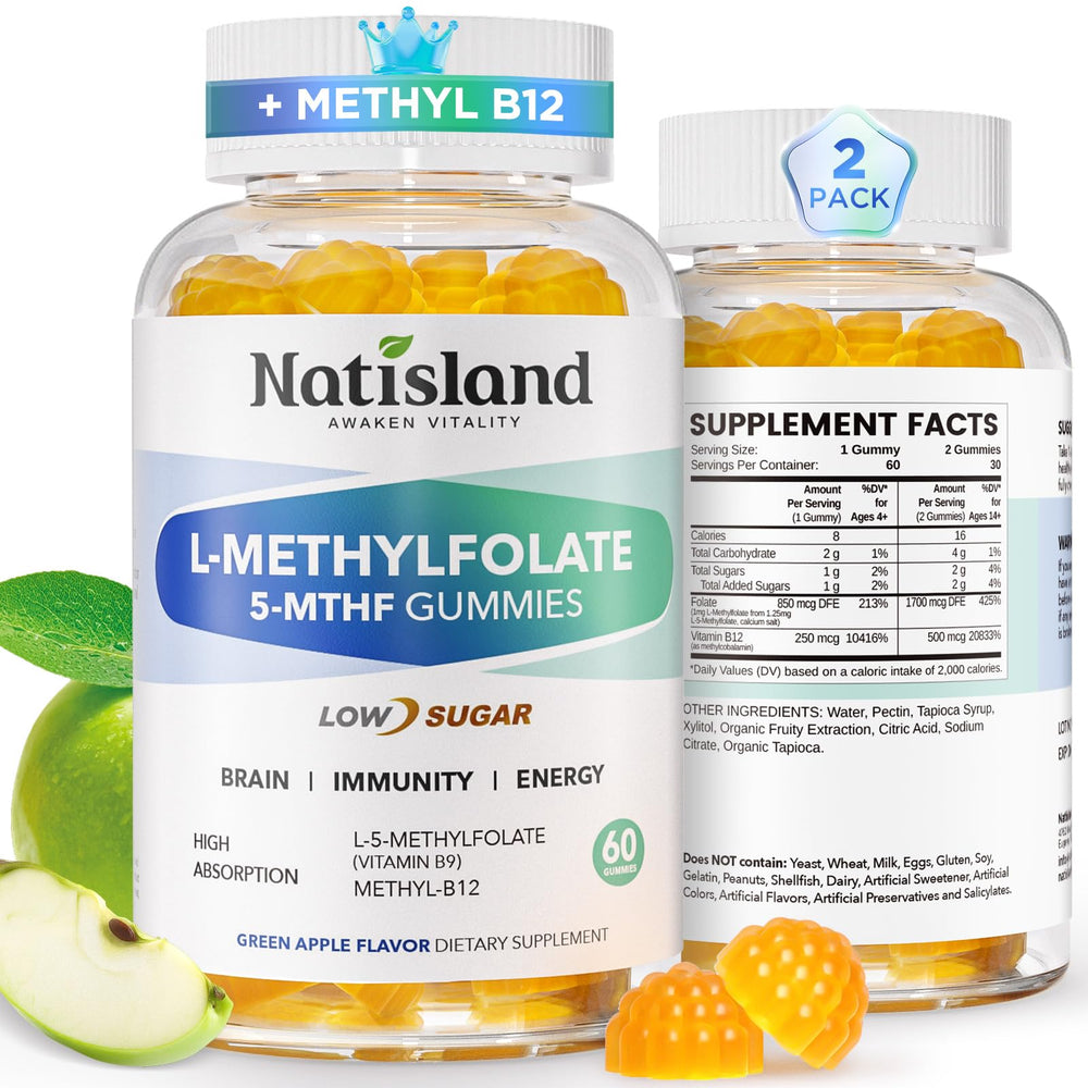 NATISLAND L-Methylfolate Gummies bottle front for easy, highly absorbable brain-supporting folate.