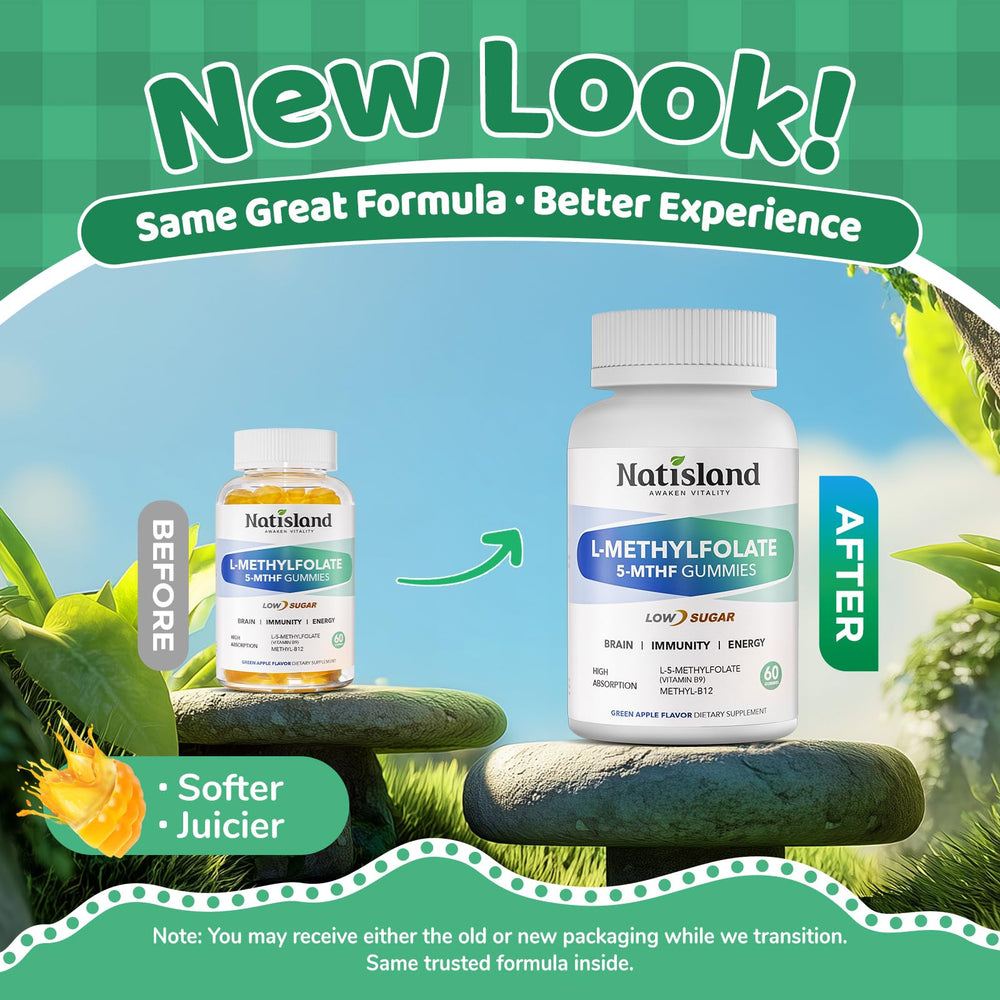 NATISLAND L-Methylfolate Gummies close-up texture highlighting chewable, kid-friendly vitality.