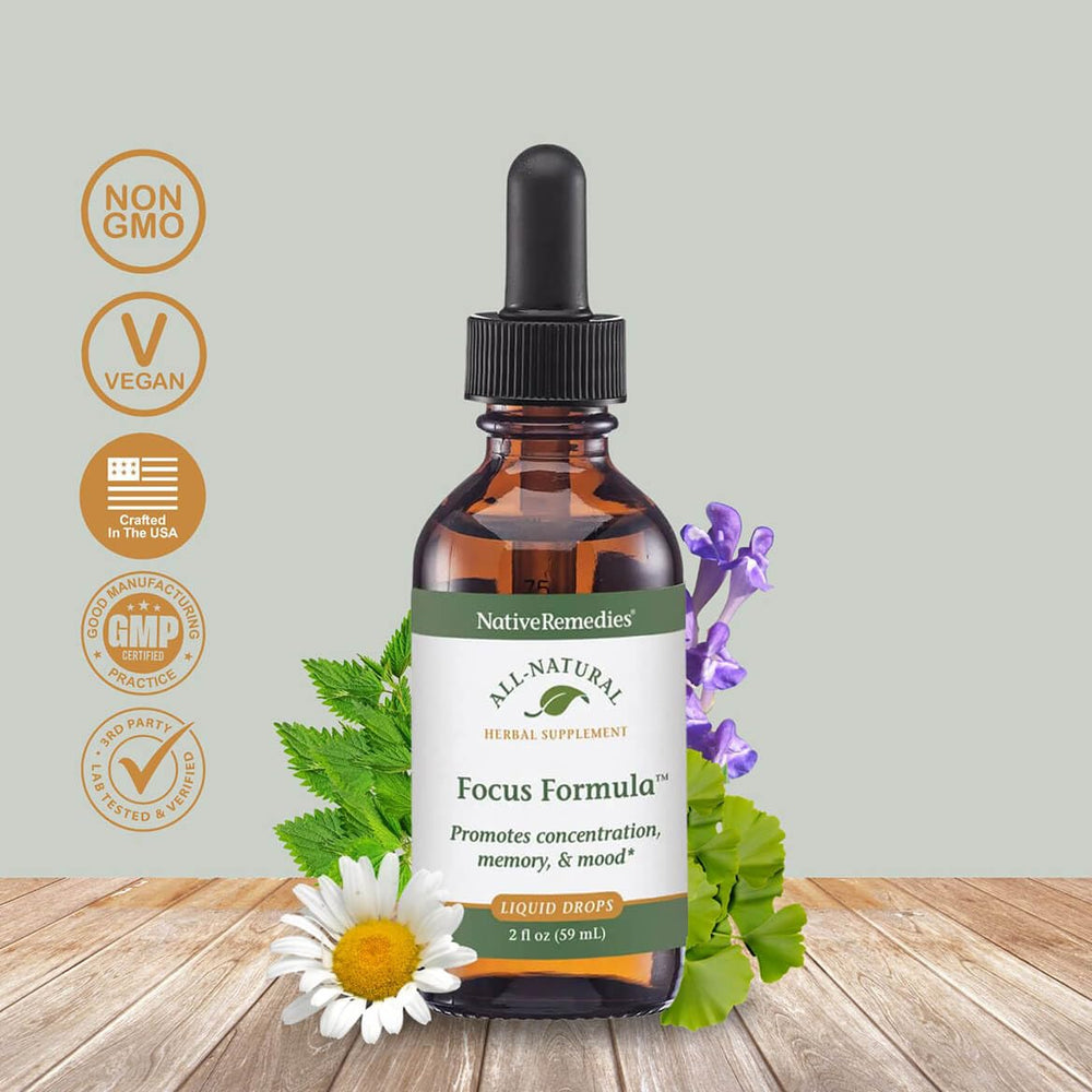Native Remedies Focus Formula drops pour shows easy-use tincture.