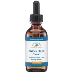 Native Remedies Kidney Stone Clear bottle demonstrates tincture for temporary kidney stone support.