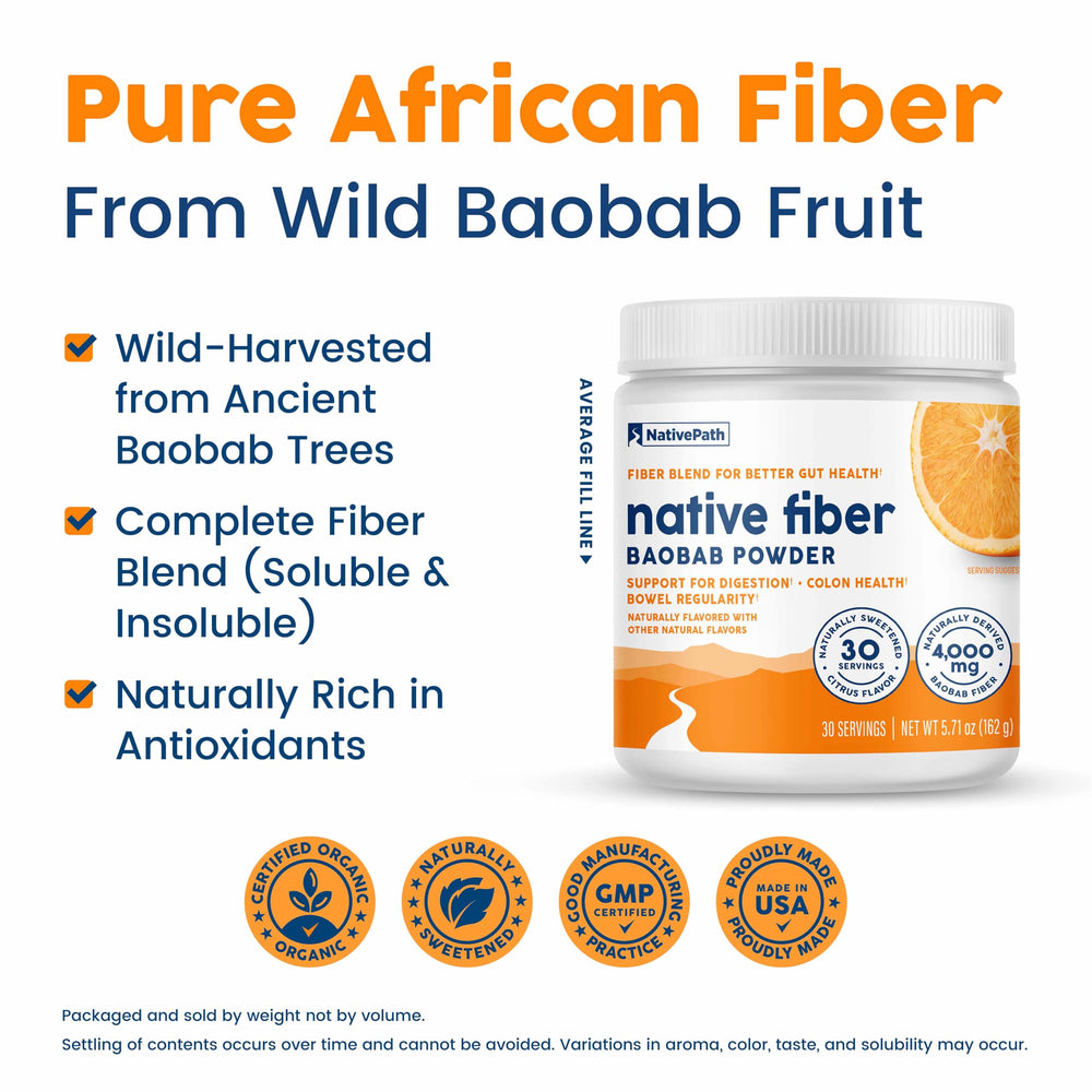 NativePath Baobab Prebiotic Fiber Powder label closeup showing clean ingredients.