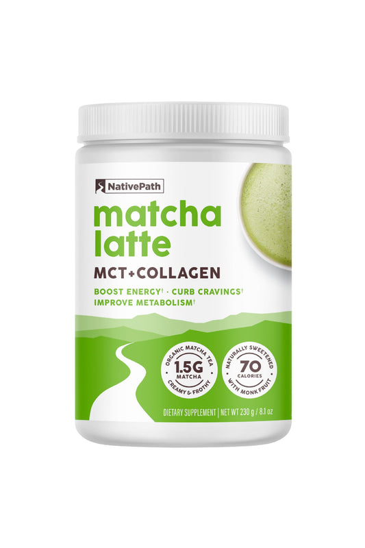 NativePath Collagen Peptides matcha latte bottle supports radiant skin and steady energy
