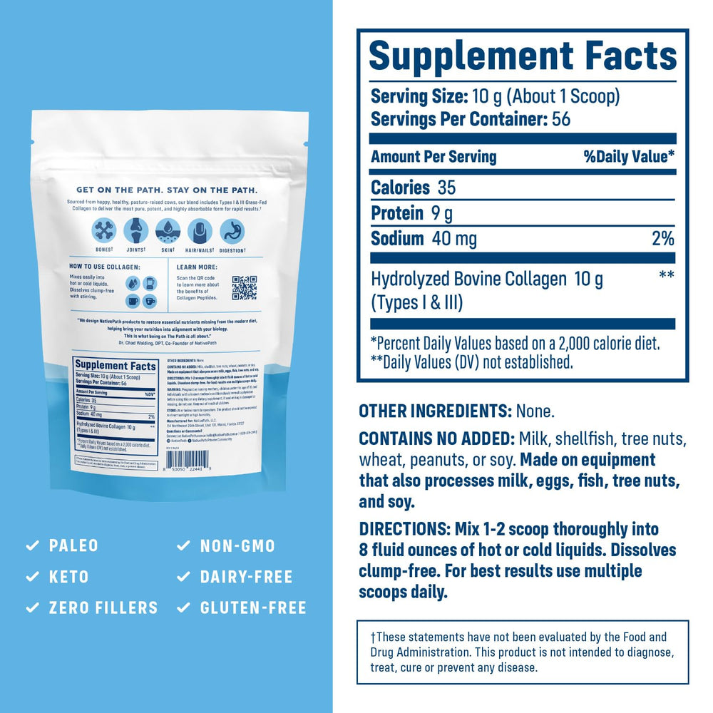 NativePath collagen powder tube label highlights type 1 and 3 collagen benefits.