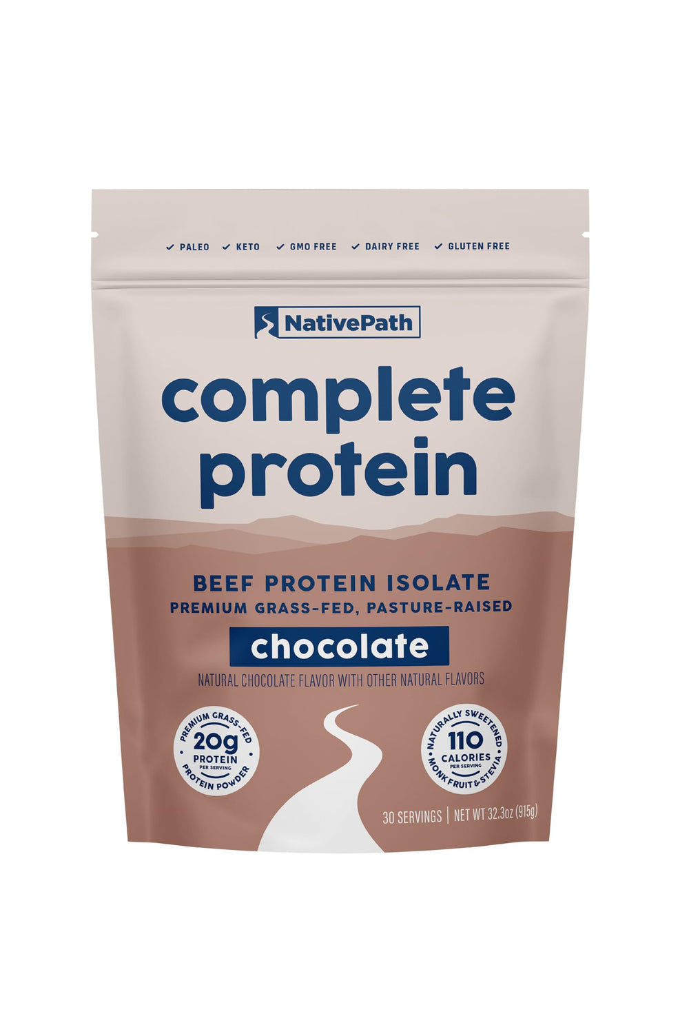 NativePath Complete Beef Protein Powder tub front showing chocolate flavor and dairy-free formula for keto-friendly use