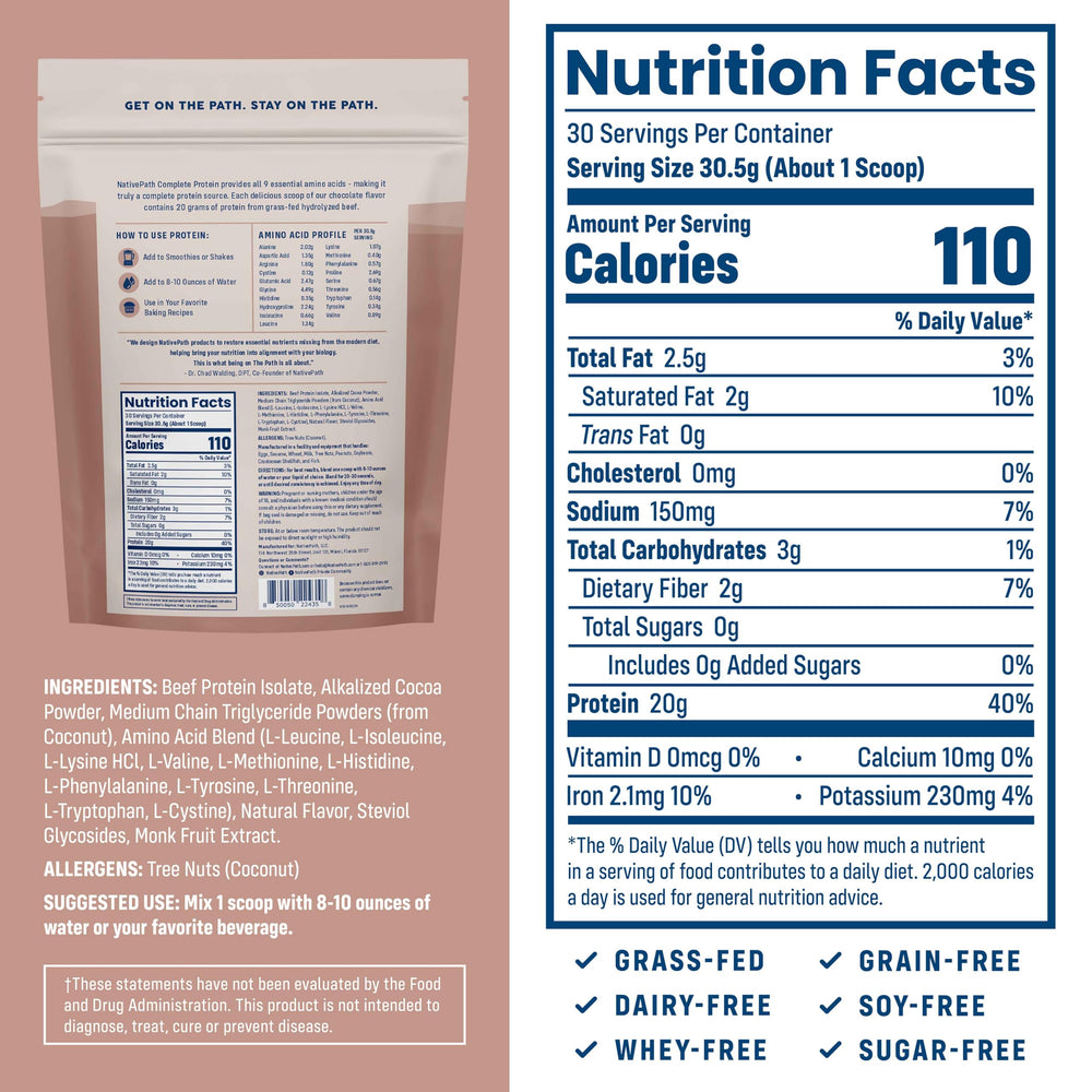 Close-up of NativePath label highlighting zero sugar and MCTs for energy support