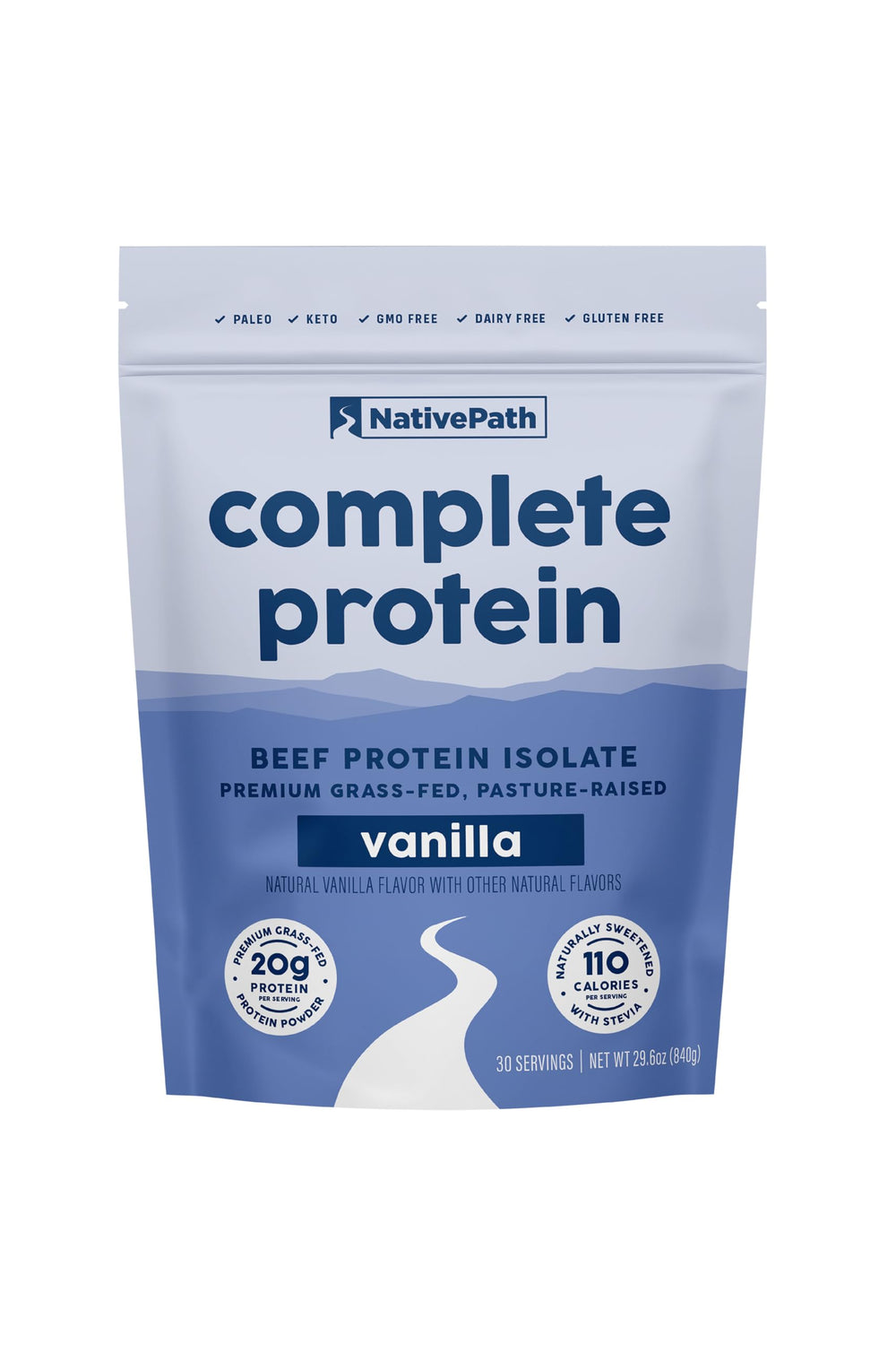 NativePath Complete Beef Protein Vanilla bottle highlights grass-fed protein for daily nutrition.