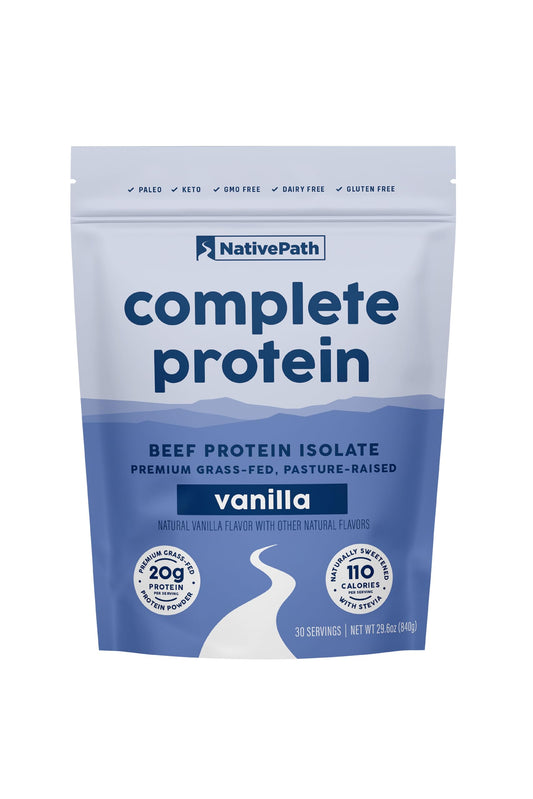 NativePath Complete Beef Protein Vanilla bottle highlights grass-fed protein for daily nutrition.