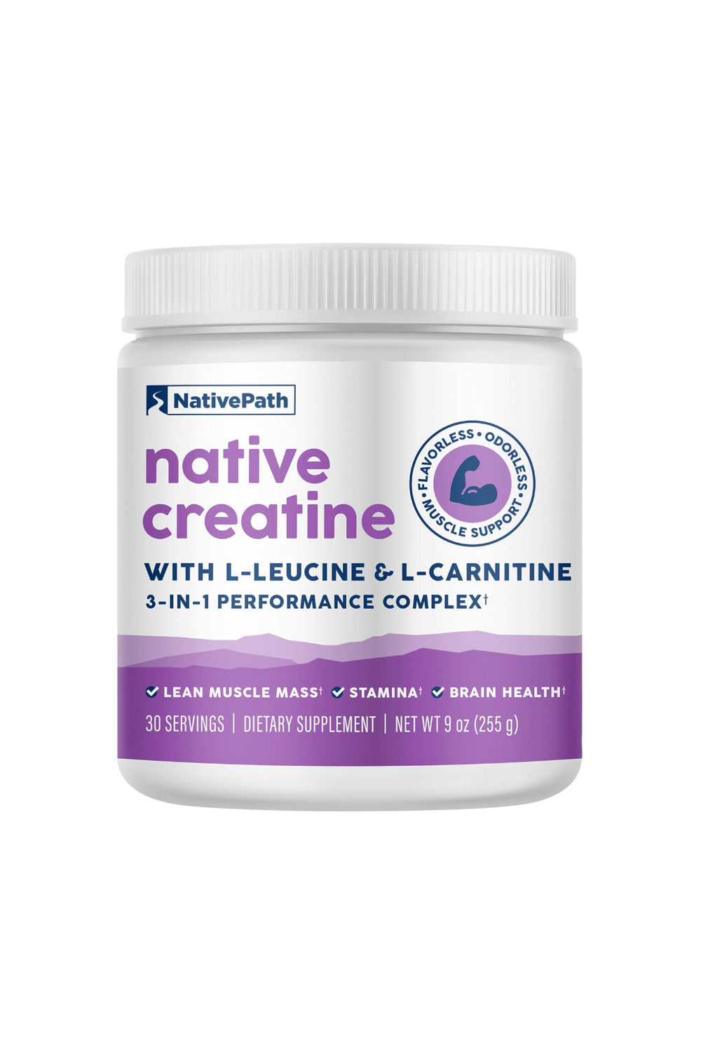 NativePath Creatine bottle close-up highlighting purity and 5g per serving