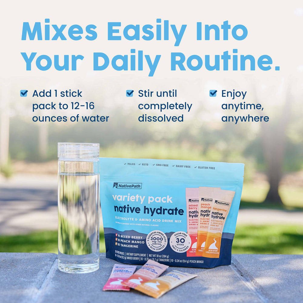NativePath Hydrate On-the-Go packets ready for travel and workouts