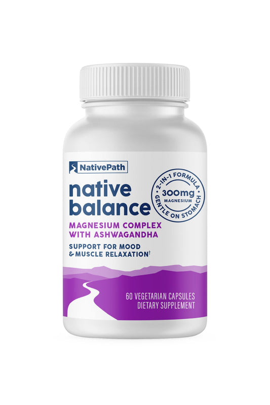 NativePath Native Balance Aquamin bottle on kitchen counter supports daily calm.