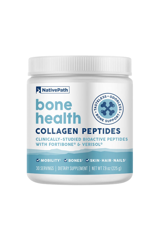 NativePath Bone Health bottle showing Fortibone and Verisol for bone and joint support