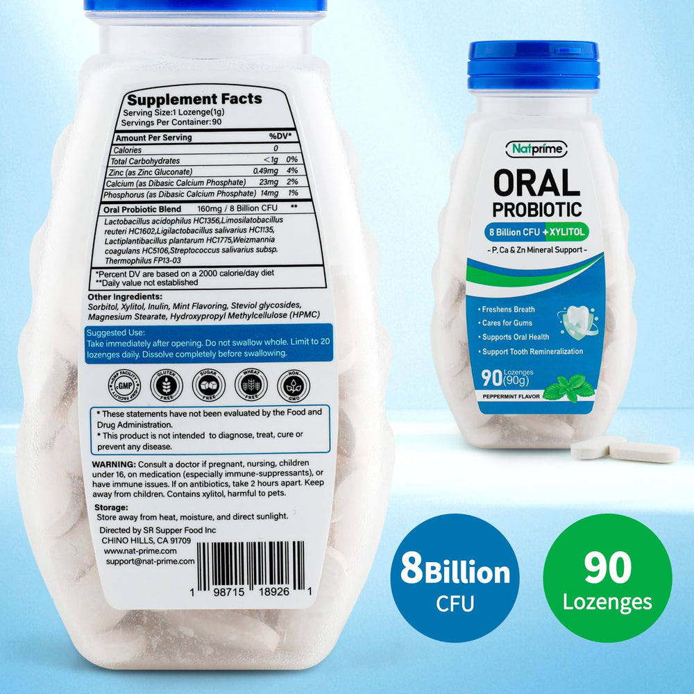 Natprime probiotic lozenges bottle highlights six strains and minerals