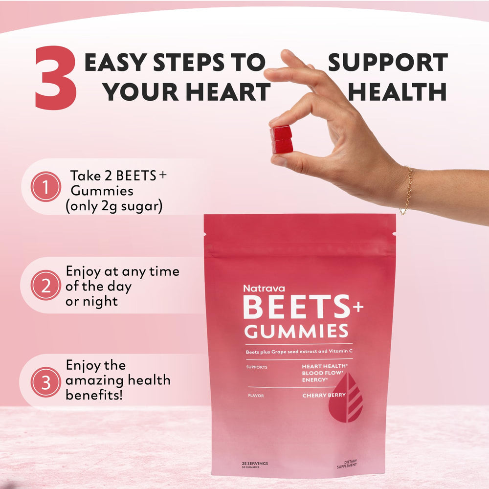 Natrava Beets+ Gummies placed with running shoes suggesting heart-friendly energy support