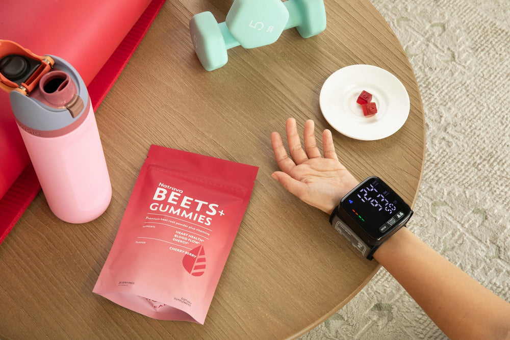 Natrava Beets+ Gummies on a desk setup reflecting a modern wellness routine
