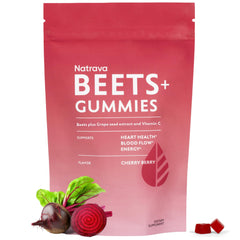 Natrava Beets+ Gummies jar close-up highlighting beet root and grape seed blend for healthy circulation
